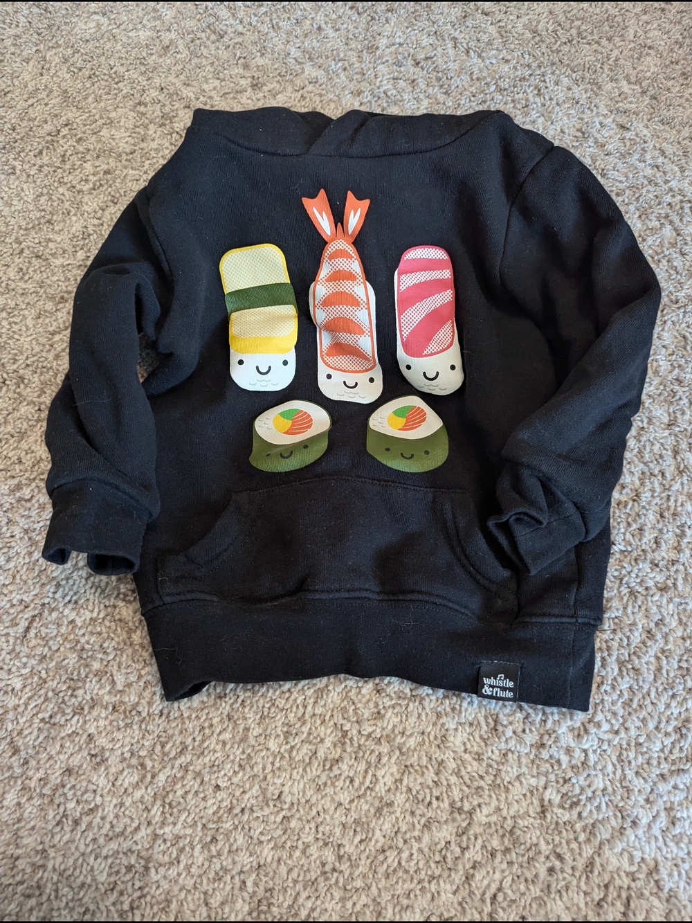 Whistle & Flute Kids Black Hoodie with Cute Sushi Graphics